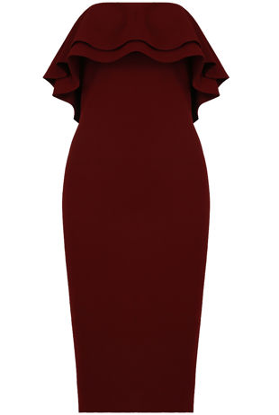 Wine Off The Shoulder Layered Frill Trim Midi Dress