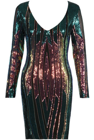 Green Sequin Front Low Neck Bodycon Dress