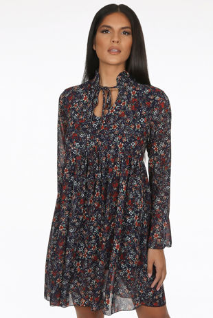 Navy Chiffon Floral Print Front Knotted Mini Dress