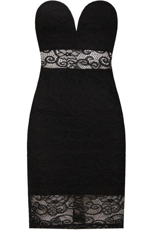 Black Lace Embroidered Bandeau Strapless Fitted Pencil Dress