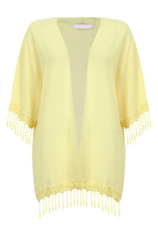 Fringe Detail Plain Kimono in Yellow