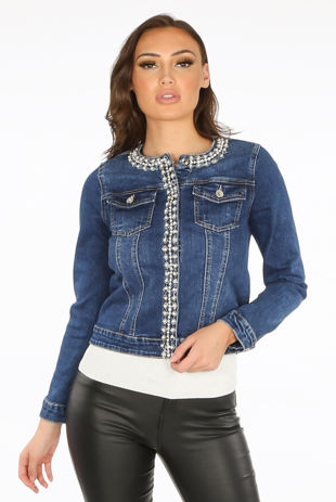 Pearls & Stones Trim Dark Denim Jacket
