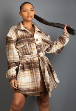 Taupe Belted Chunky Shackets In Check