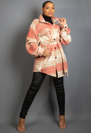 Coral Belted Chunky Shackets In Check