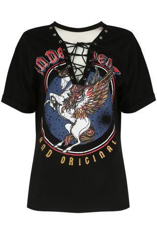 Black Unicorn Printed Lace Up Tee