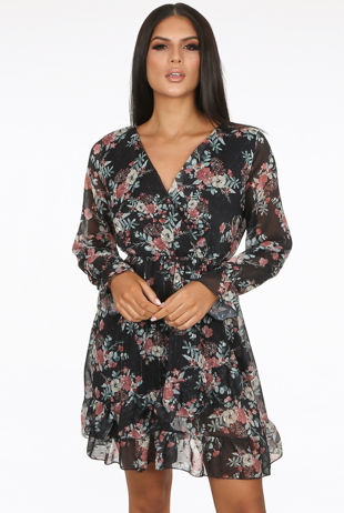 Black Contrast Floral Print Elasticated Waist Wrap Dress