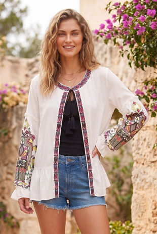 White Floral Embroidery Front Tie Up Tops 