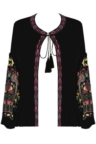 Black Floral Embroidery Front Tie Up Tops 