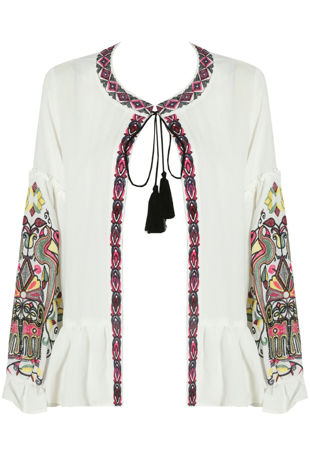 White Floral Embroidery Front Tie Up Tops 