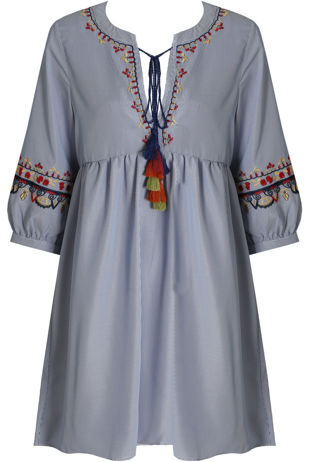 Blue Striped Embroidery Shift Dress