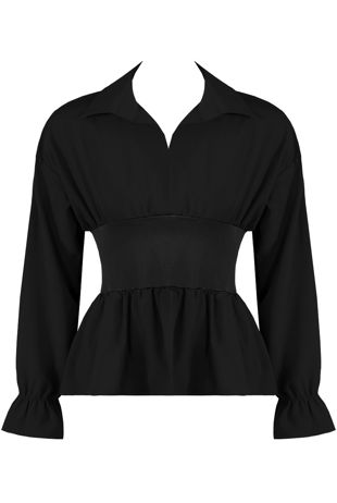 Banded Waist Peplum Blouse in Black