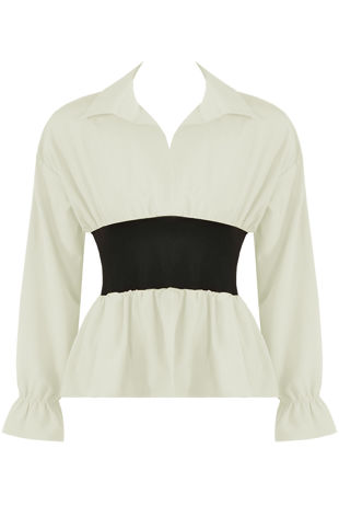 Banded Waist Peplum Blouse in White
