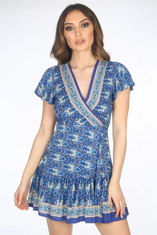 Blue Boho Wrap Mini Dress