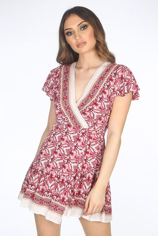 Red Boho Wrap Mini Dress