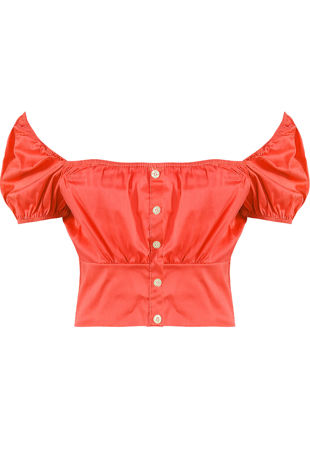 Red Ruched Shirred Bardot Blouse
