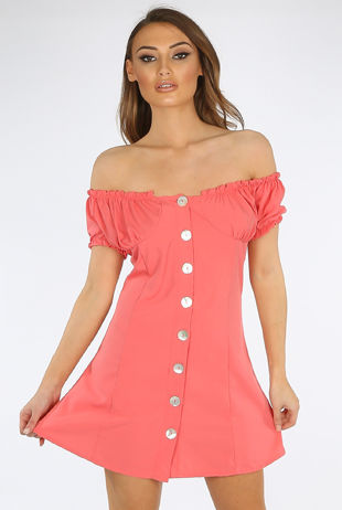 Coral Button Up Bardot Mini Dress