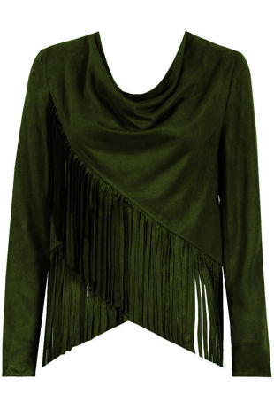 Khaki Faux Suede Tassel Cross Over Top