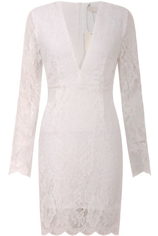 White Plunge Neck Lace Bodycon Dress