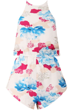 Cream & Blue Floral Print Playsuit