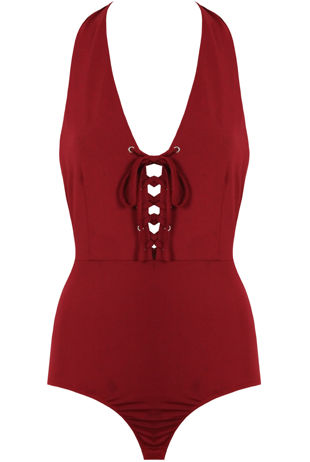 Wine Front Lace Tie Up Bodysuit