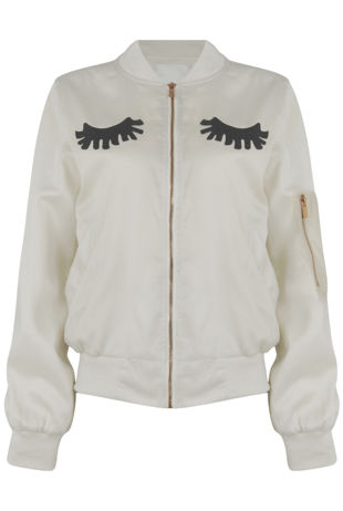 White Eye Lash Embellished Bomber Jacket