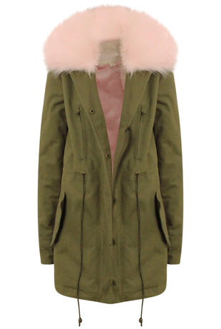 Khaki With Pink Fur Line Jacket