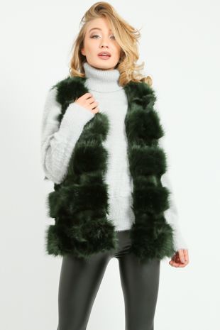  Dark Green Layered Shaggy Faux Fur Gilet