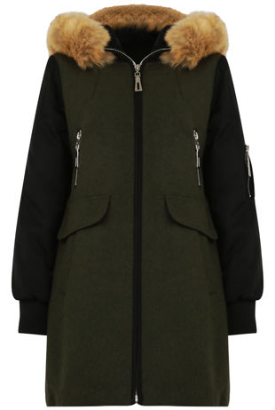 Khaki Two Tone Fur Hood Jacket