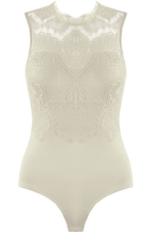 Beige Floral Lace Open Back Bodysuit