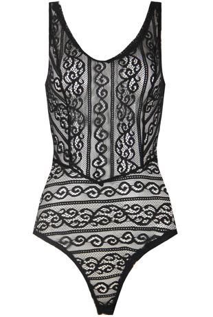 Black Lace Textured Sleeveless Bodysuit