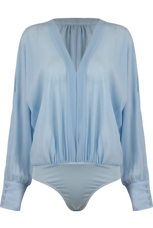 Sky Blue Cold Shoulder Pleated Bodysuit