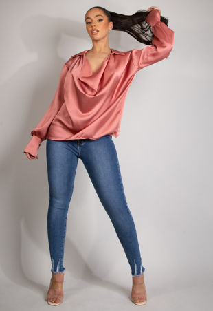 Pink Satin Cowl Neck Blouse