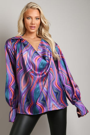 Purple Satin Printed Cowl Neck Blouse
