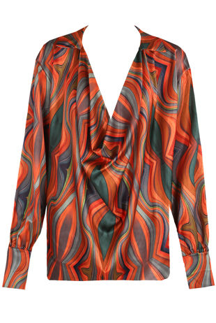 Coral Satin Printed Cowl Neck Blouse
