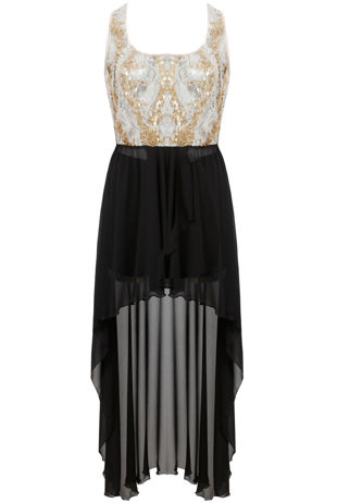 Cream & Black Sequin High/Low Dress