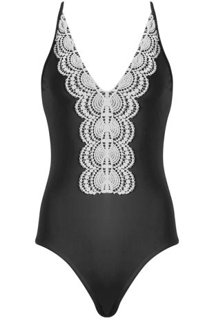 Black And Cream Lace Border Plunge Neck Swimsuit