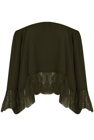 khaki Off The Shoulder Lace Border Blouse