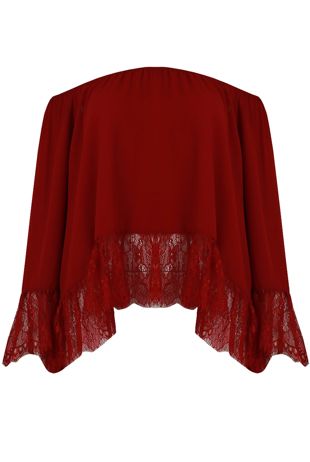 Wine Off The Shoulder Lace Border Blouse