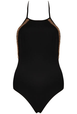 Halter Neck Bodysuit With Gold Chain In Black