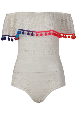 White Crochet Rainbow Pom Pom Off Shoulder Bodysuit