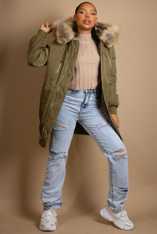 Khaki Longline Bomber Jacket With Fur Trim