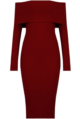 Wine Bardot Fold Over Midi Dress