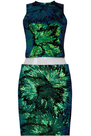 Green Sequin Flower Top & Skirt Co-ord