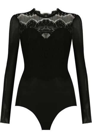 Black Lace Long Sleeve Mesh Bodysuit
