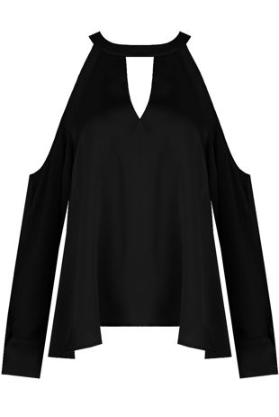 Black Satin Cold Shoulder Front Cut Out Blouse