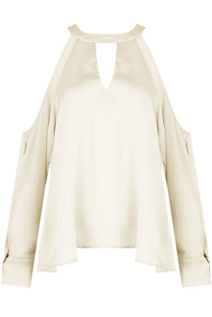 Beige Satin Cold Shoulder Front Cut Out Blouse