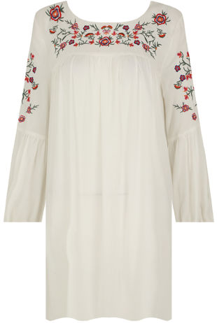 Cream Floral Embroidered Shift Dress 