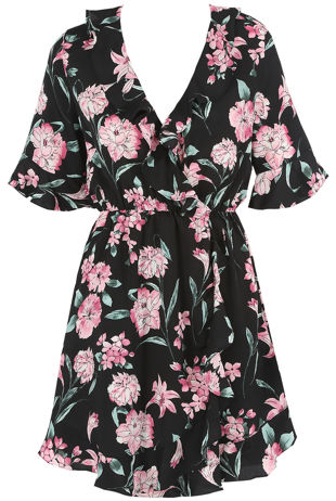 Black Floral Print Overlay Frill Mini Dress