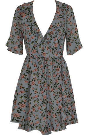 Vintage Floral Ruffle Wrap Look Day Dress In Blue