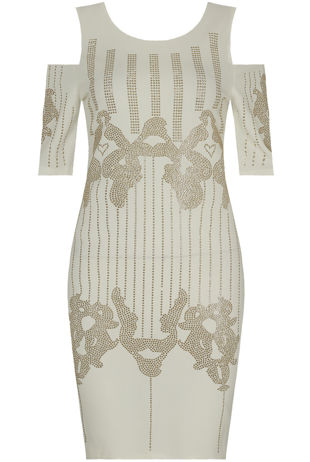 White Studded Cold Shoulder Bodycon Dress